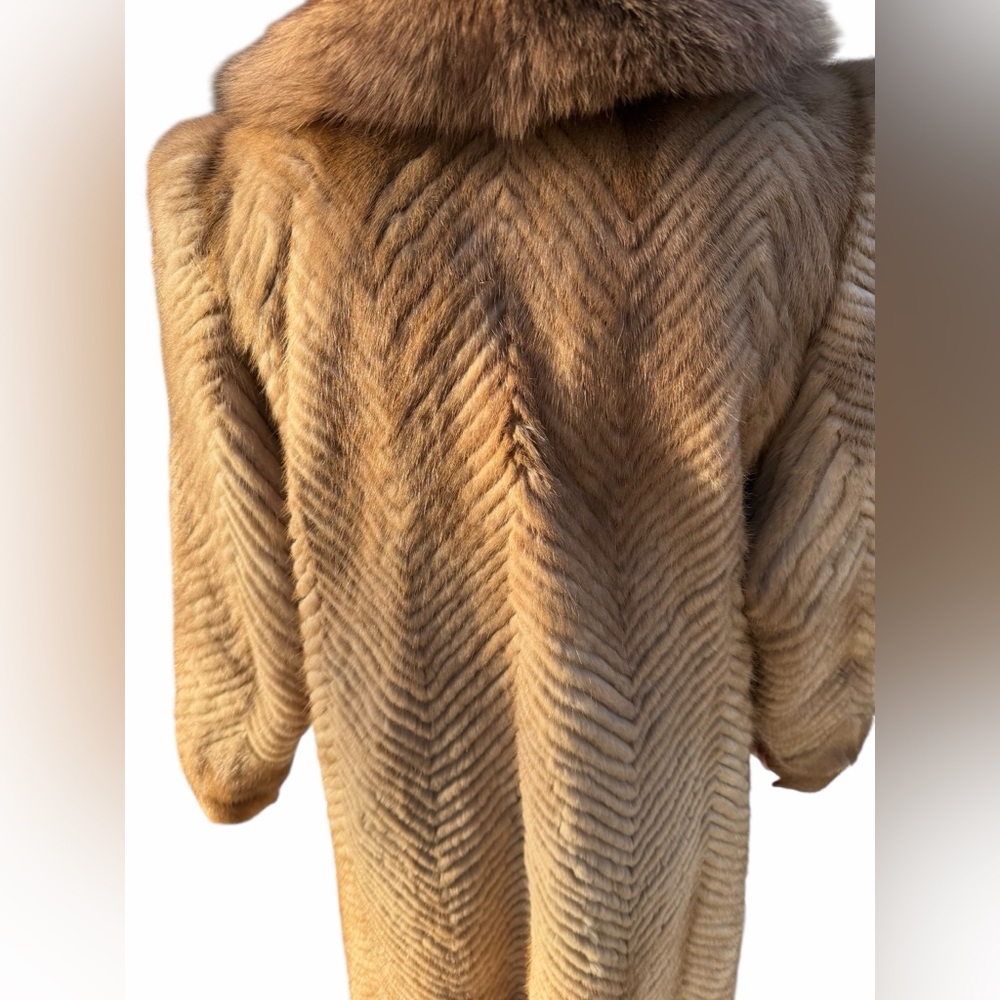 RARE Authentic SAGA Mink Fur Long Coat Camel Brown Herringbone SAGA Fox Trim M - Picture 10 of 14